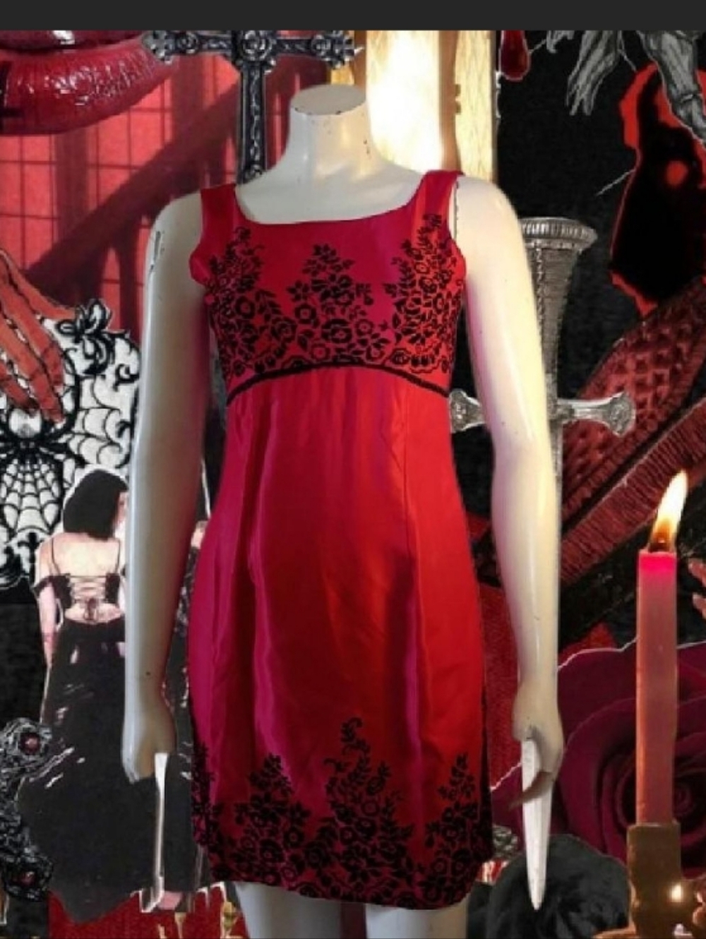 Vtg 90s Hairspray Gothic Sz 3 red mini dress with black velvet floral pattern